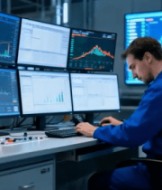 男子操作多屏监控金融数据11018#横屏 