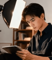 男性室内使用平板电脑画面4705#横屏 