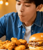 男士享用汉堡炸鸡薯条13842#横屏 