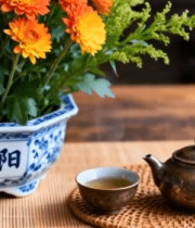 重阳主题茶具与菊花静物8885#横屏 