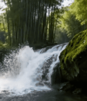 竹林间小瀑布自然风光10589#横屏 