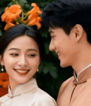 	 中式情侣花丛中微笑合影 ()3419#横屏 