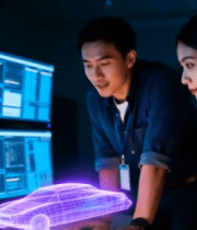 男女科技工作者查看虚拟汽车模型12983#横屏 