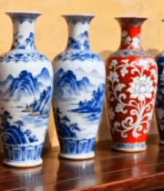 中式木桌上的多彩瓷器花瓶5378#横屏 