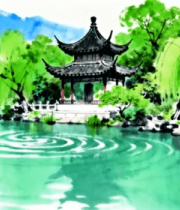 中式园林湖景水墨画2473#横屏 