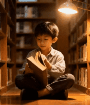 男孩图书馆席地而坐阅读书籍14596#横屏 