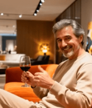 	 中年男子室内沙发持红酒杯6911#横屏 