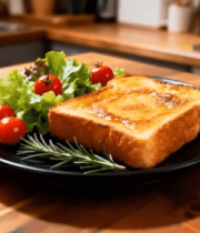 木桌上黑盘装着吐司与蔬菜14412#横屏 