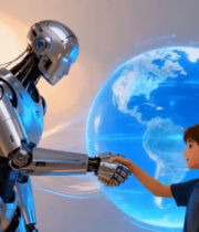 	 男孩与机器人握手互动场景5619#横屏 