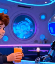 男孩与机器人对坐互动场景9910#横屏 