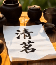 木桌摆放茶具及书法作品5010#横屏 