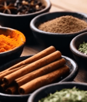 木桌上摆放的多种调料3596#横屏 