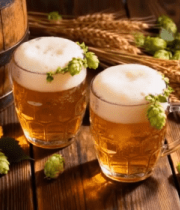 木桌上的两杯啤酒与麦芽14248#横屏 