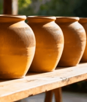 木桌上摆放的手工陶瓷陶罐(1)14494#横屏 