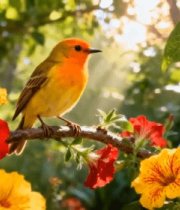 枝头小鸟与多彩花朵特写12207#横屏 