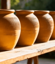木桌上摆放的手工陶瓷陶罐(1)14494#横屏 