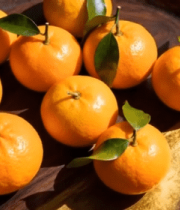 木盘上带叶的新鲜橘子11791#横屏 