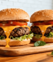 	 木盘上的美味双层牛肉汉堡1359#横屏 