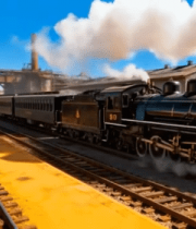 蒸汽火车于铁轨站场行驶画面14283#横屏 