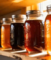 	 木架上摆放的罐装蜂蜜6345#横屏 