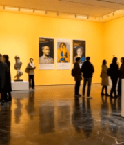 美术馆内观众观赏雕塑作品1616#横屏 