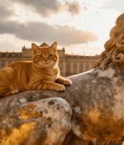 猫咪趴坐狮子雕像上1473#横屏 