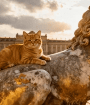 猫咪趴坐狮子雕像上1473#横屏 