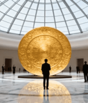 展厅内人们观赏大型金色展品362#横屏 