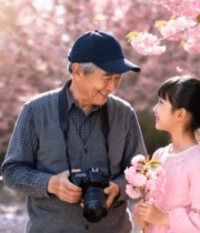 老人与女孩在樱花树下互动9342#横屏 
