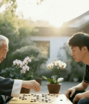 	 老人与年轻人庭院对弈场景3045#横屏 