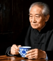 老人手持青花瓷杯品茶10023#横屏 