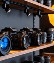 展示架上的相机及摄影设备789#横屏 