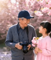 老人与女孩樱花树下互动2403#横屏 