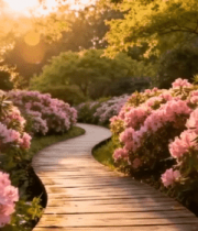 林间木栈道旁的粉色花朵12380#横屏 