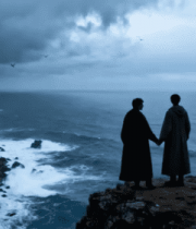 两人于悬崖边眺望大海景观1484#横屏 