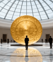 展厅内人们观赏大型圆形展品3053#横屏 