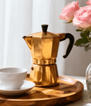 金色摩卡壶搭配玫瑰和咖啡杯773#横屏 