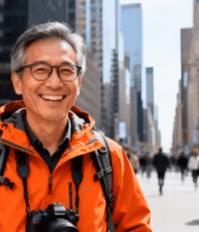 街头背包摄影师男子微笑画面10531#横屏 