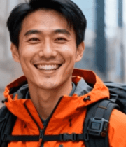 	 街头背着相机微笑的男子2491#横屏 