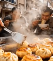 	 街头人们享用包子美食9777#横屏 