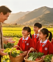 教师带领学生农田采摘蔬菜12967#横屏 