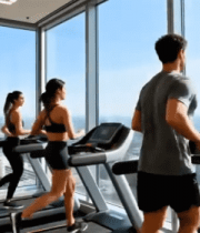 	 健身房内三人跑步机上锻炼9750#横屏 