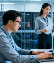 机房内技术人员操作电脑工作13358#横屏 