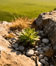 岩石上生长的绿色多肉植物1981#横屏 