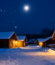 雪夜中的木屋与雪人场景5188#横屏 