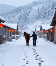 雪中小村村民牵马行走10440#横屏 