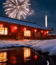 雪夜木屋烟花倒影场景8748#横屏 