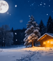 雪夜森林中的木屋与满月2570#横屏 