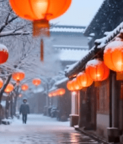 雪中街道悬挂的红色灯笼6451#横屏 