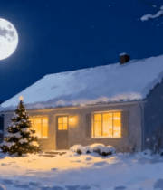 雪夜小屋旁的圣诞树与圆月11372#横屏 